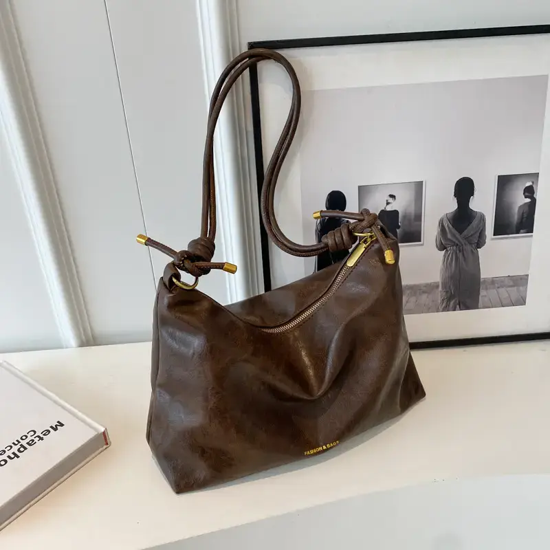 Brown Leather Drawstring Shoulder Bag for Women - Image 2