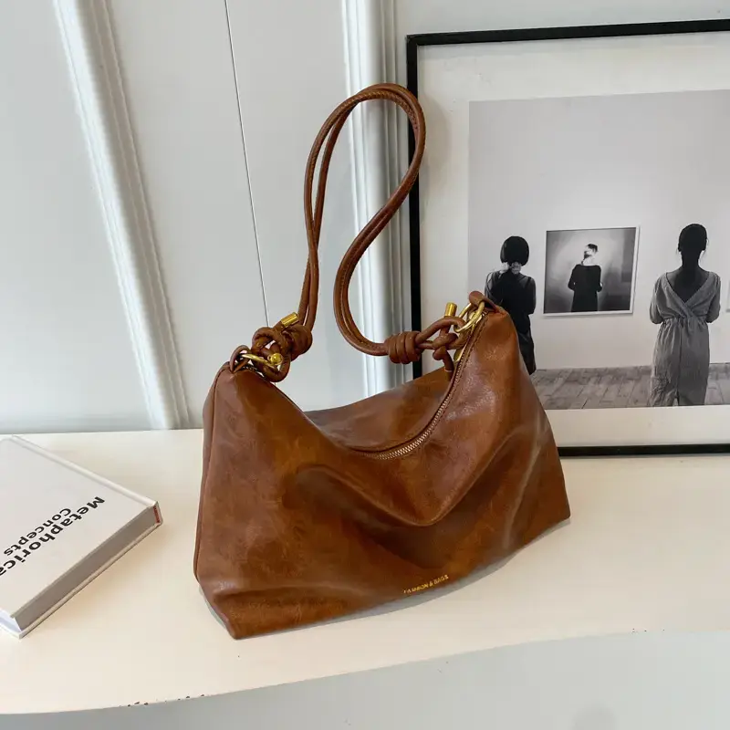 Brown Leather Drawstring Shoulder Bag for Women - Image 3