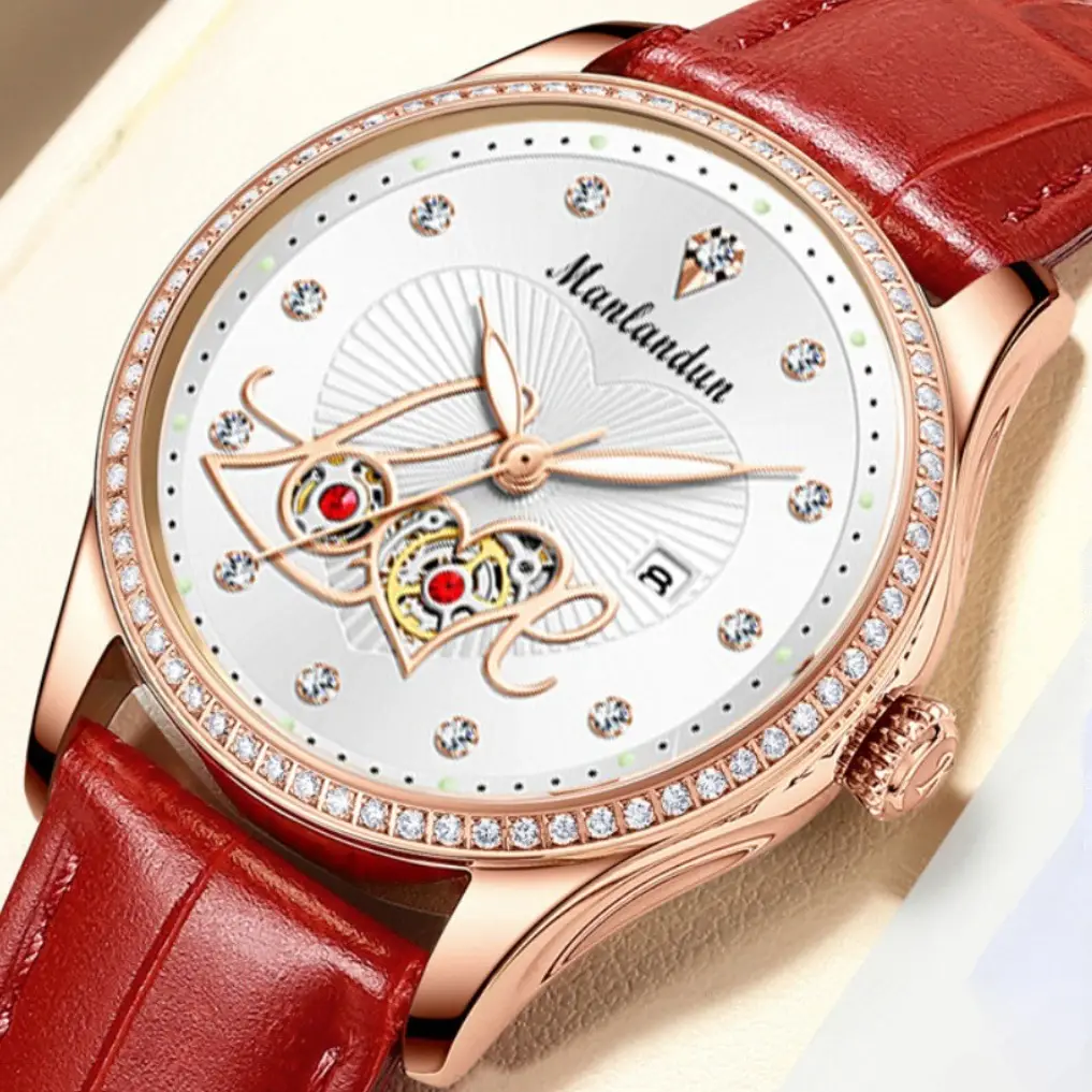 Women's Red Leather Watch with Rose Gold Dial & Rabbit Design - Image 4