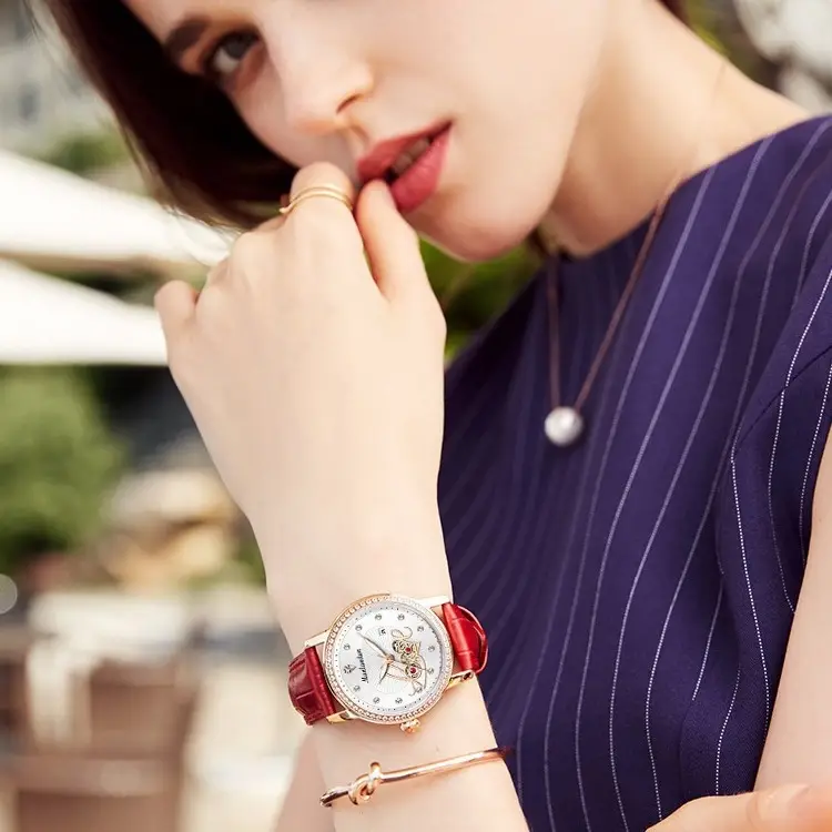 Women's Red Leather Watch with Rose Gold Dial & Rabbit Design - Image 5
