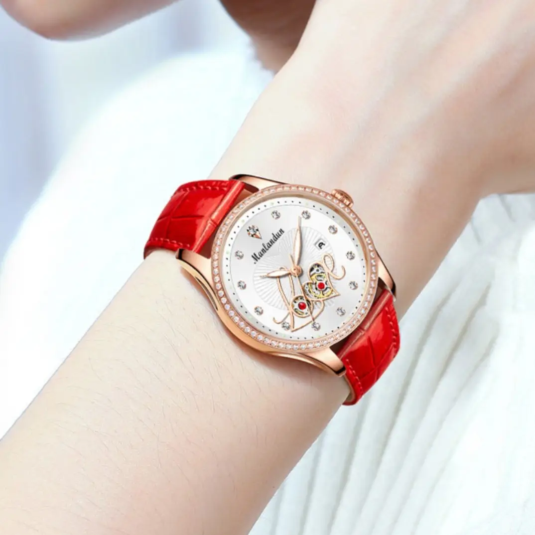 Women's Red Leather Watch with Rose Gold Dial & Rabbit Design - Image 6