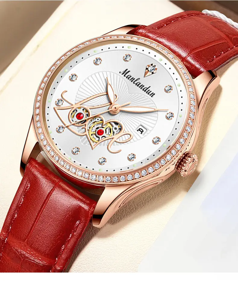 Women's Red Leather Watch with Rose Gold Dial & Rabbit Design — feature 1