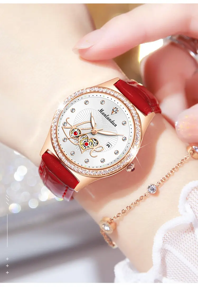Women's Red Leather Watch with Rose Gold Dial & Rabbit Design — feature 2