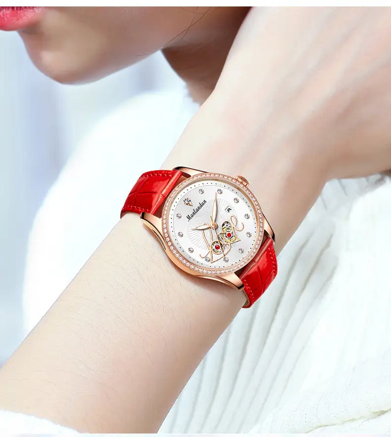 Women's Red Leather Watch with Rose Gold Dial & Rabbit Design — feature 3
