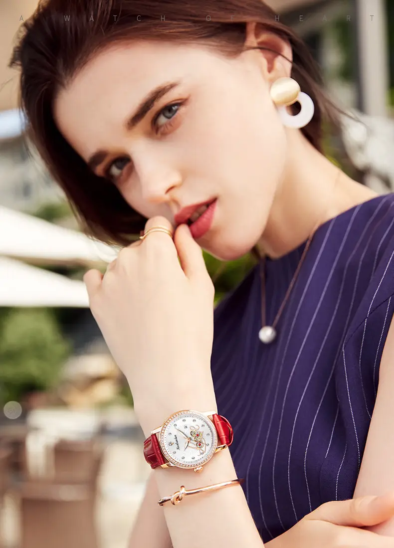 Women's Red Leather Watch with Rose Gold Dial & Rabbit Design — feature 4