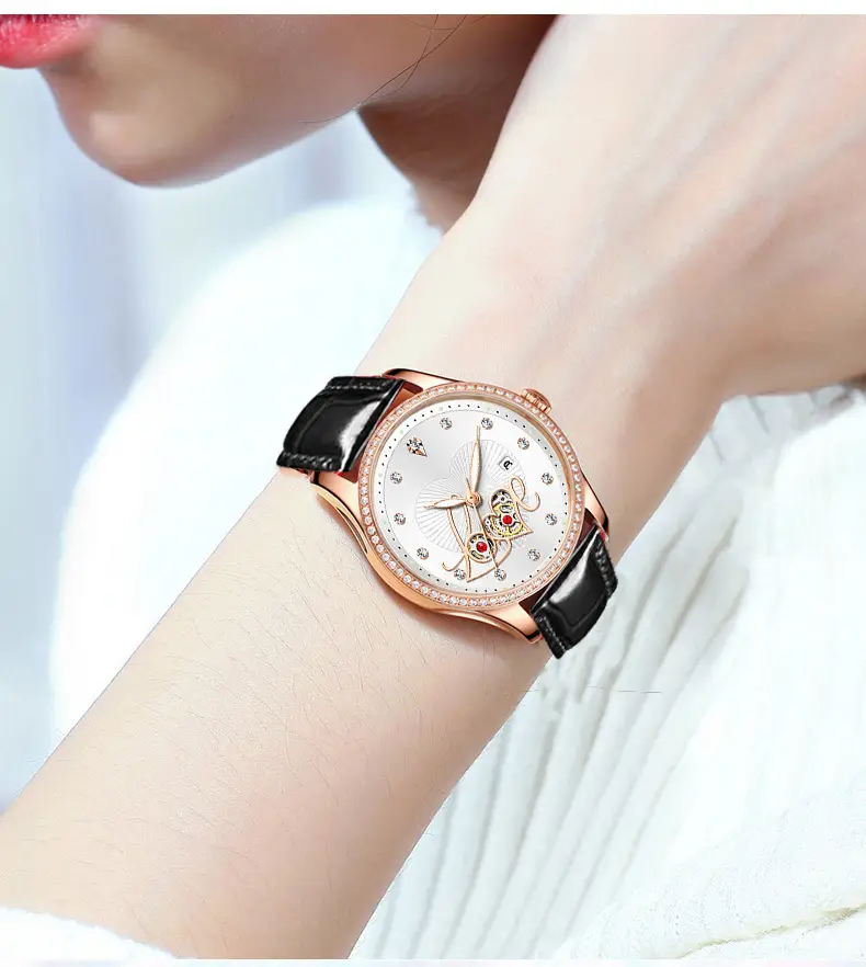 Women's Red Leather Watch with Rose Gold Dial & Rabbit Design — feature 5