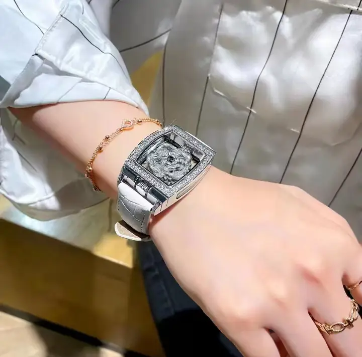 Women's Luxury Diamond Watch White Leather Band — feature 1