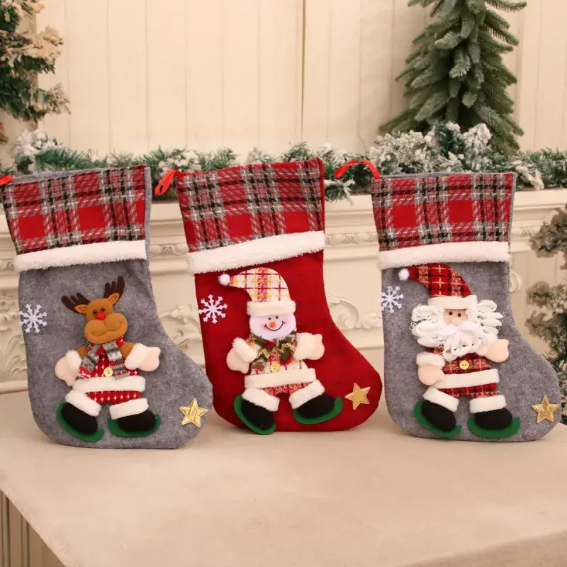 Christmas Cotton Socks for Kids Red Grey Plaid Design