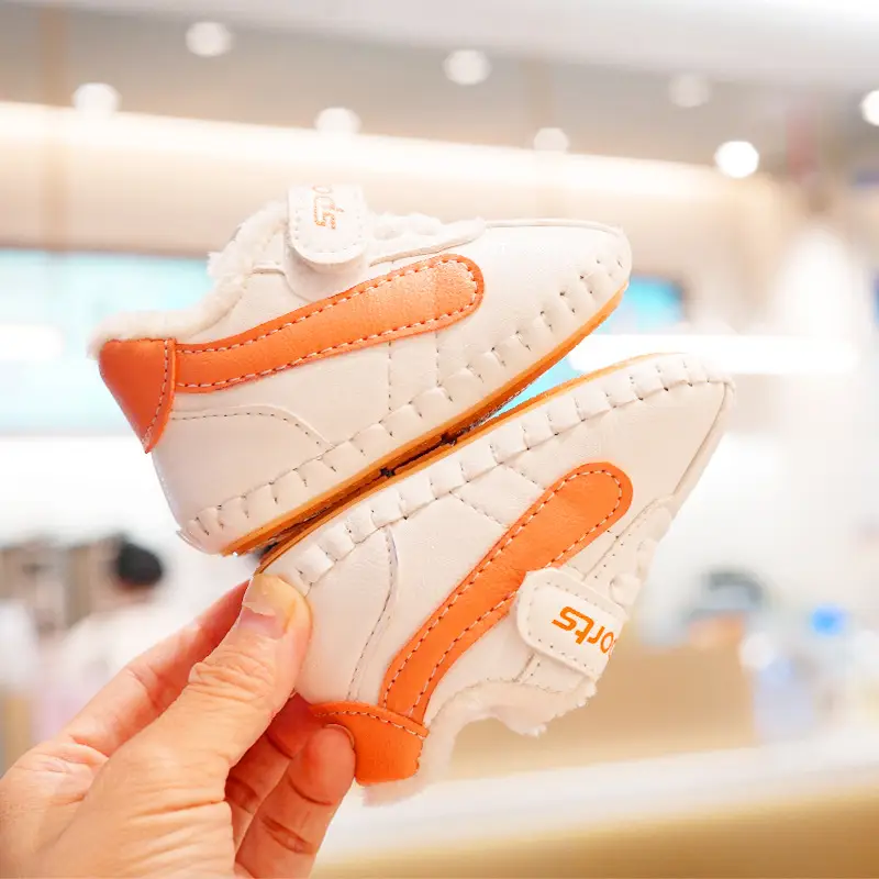 Baby Shoes White Orange Fleece Lined Winter Toddler 0-1Y