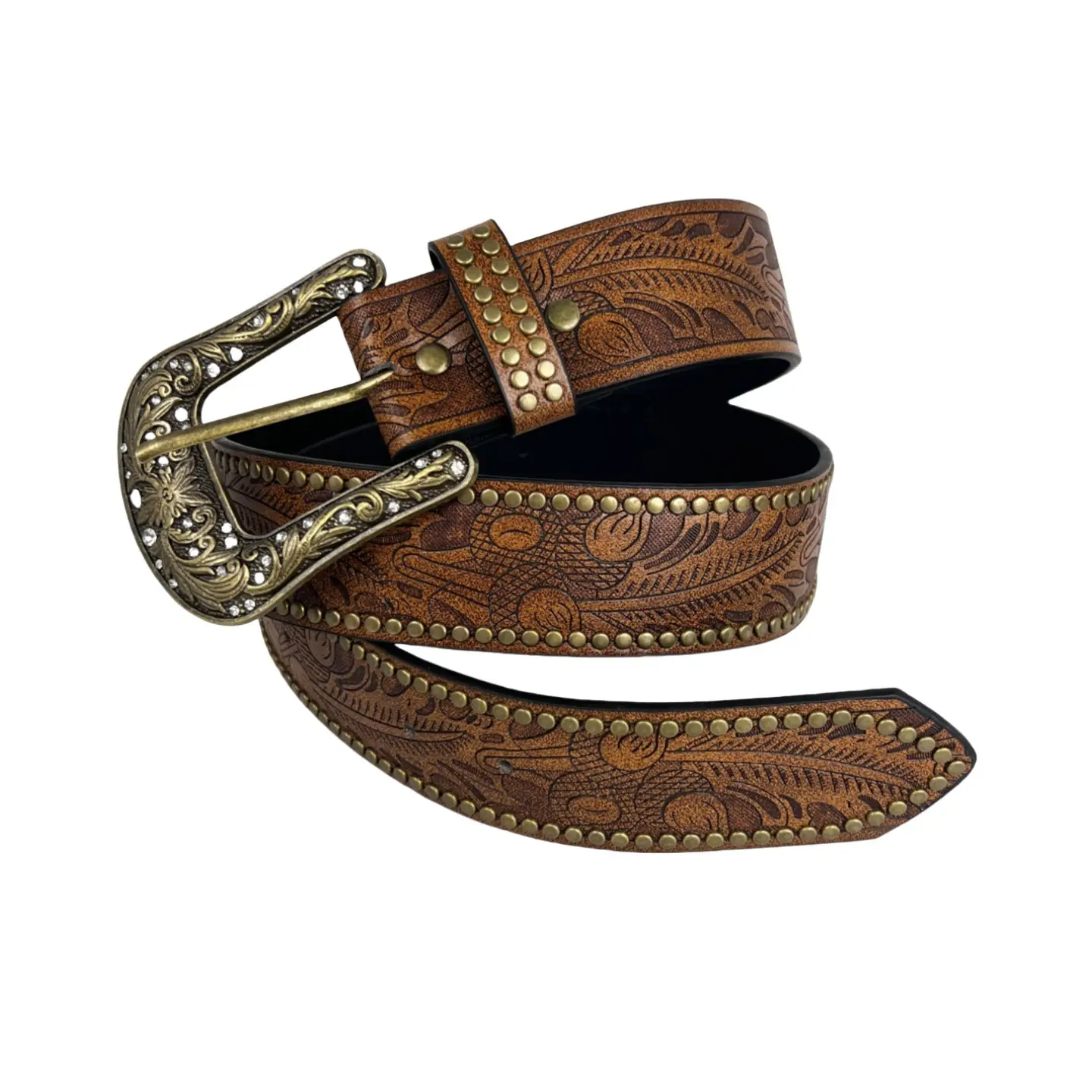 Vintage Brown Carved Belt with Buckle & Rivets - Image 5