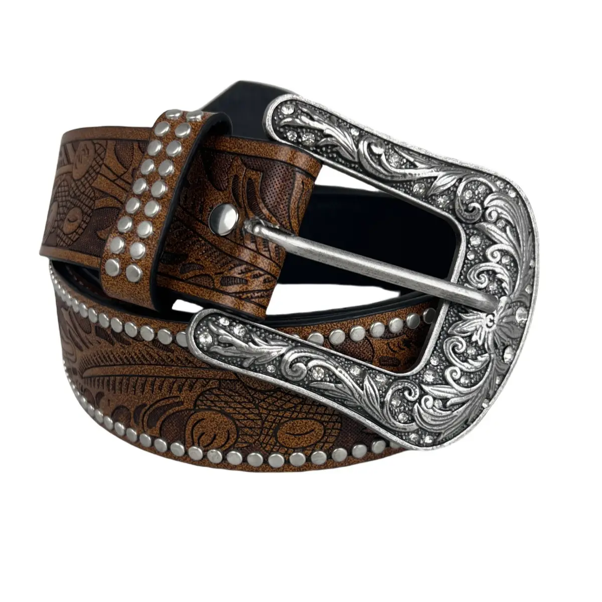 Vintage Brown Carved Belt with Buckle & Rivets - Image 6
