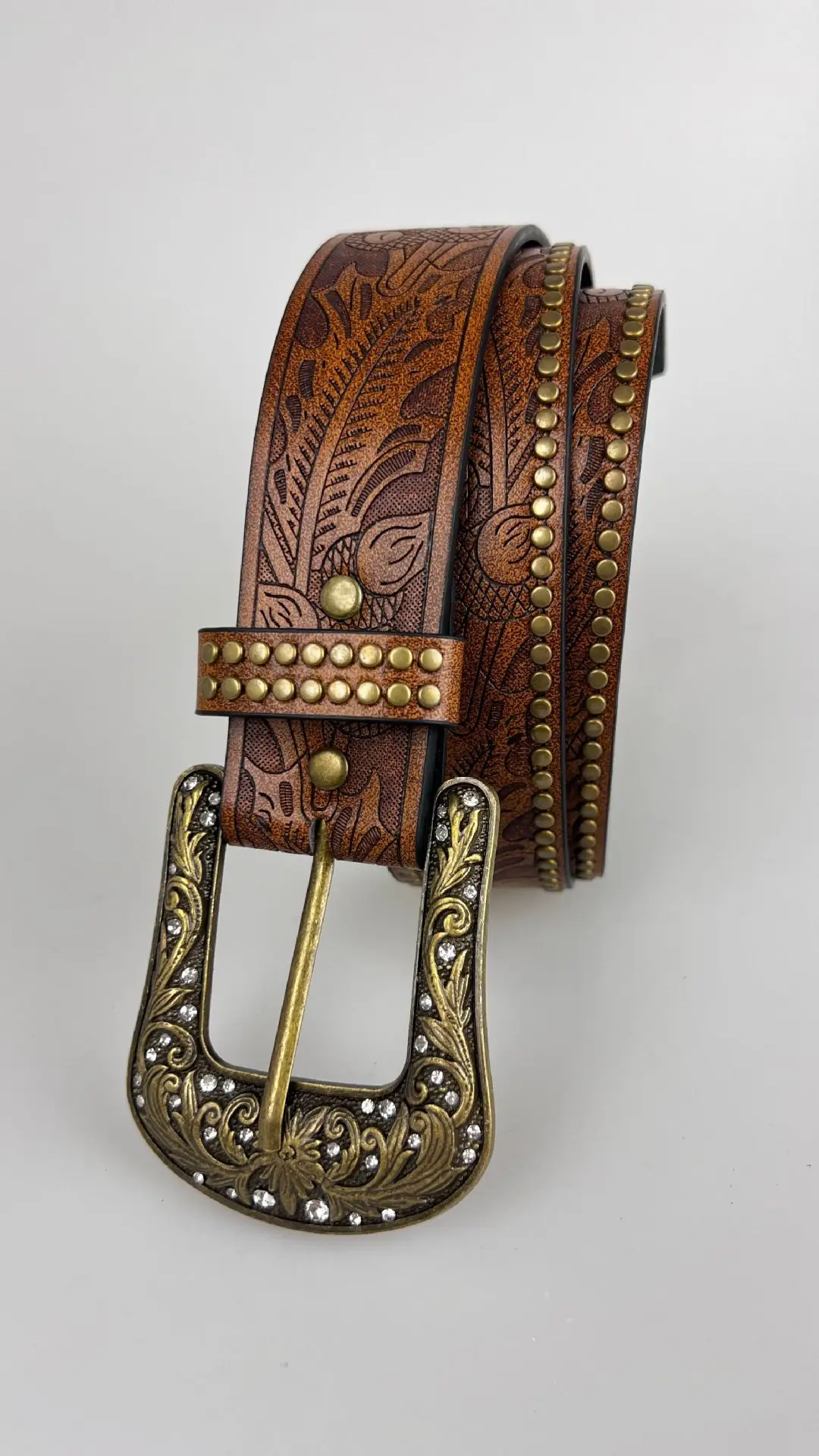 Vintage Brown Carved Belt with Buckle & Rivets — feature 4
