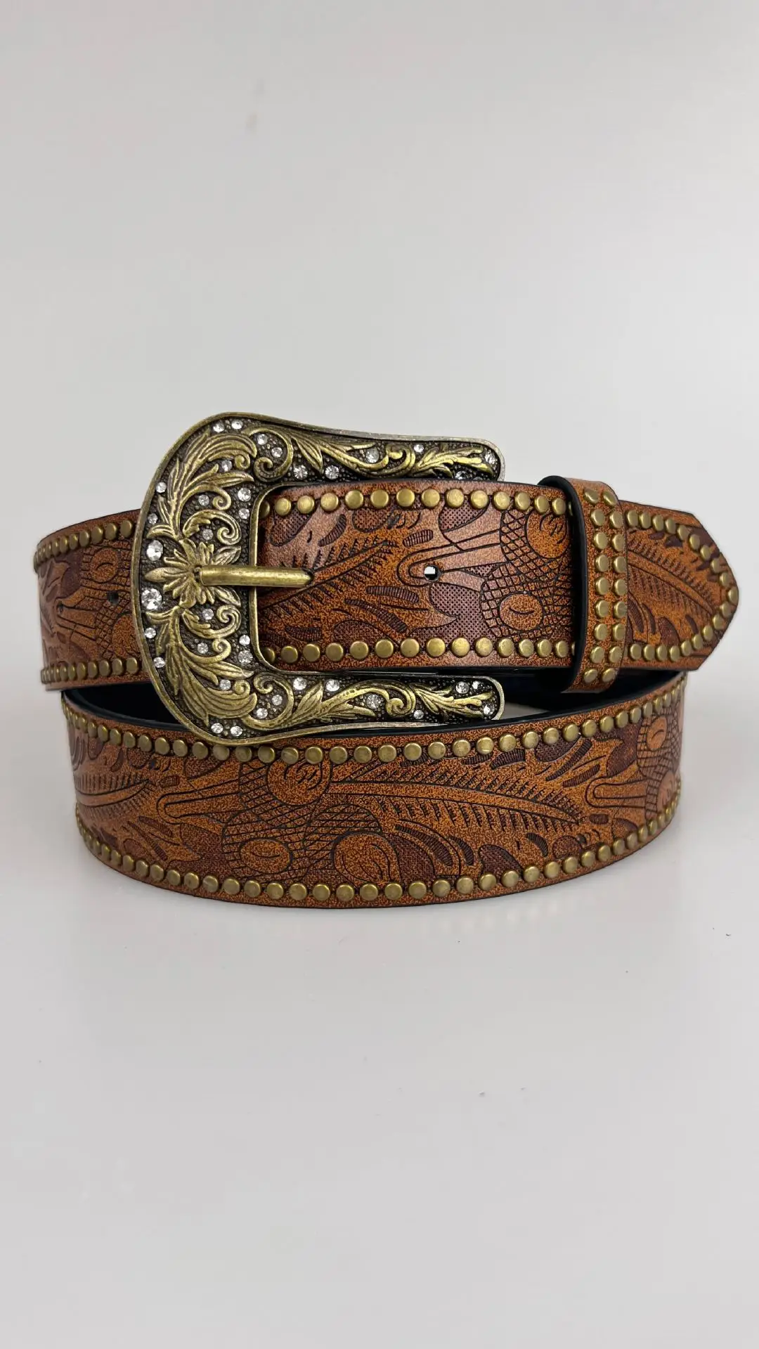 Vintage Brown Carved Belt with Buckle & Rivets — feature 5