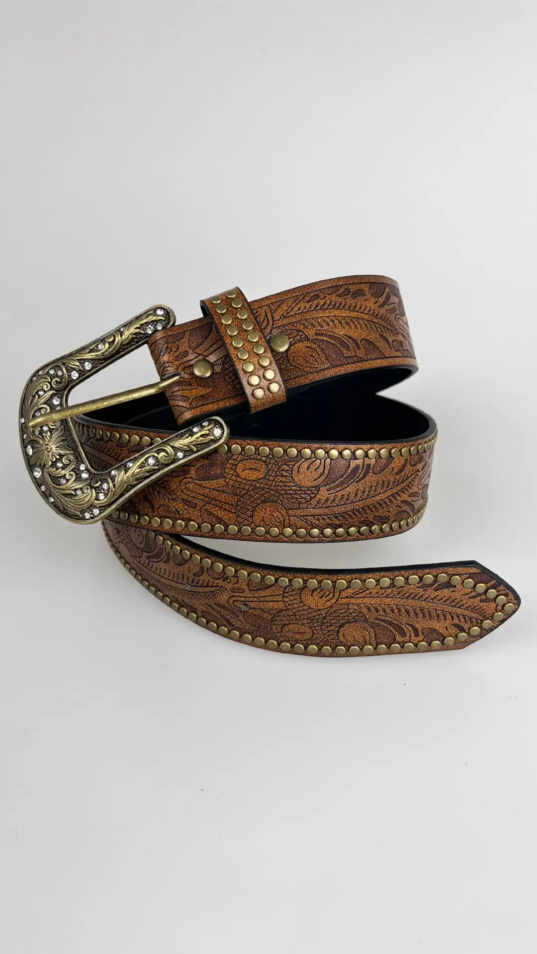 Vintage Brown Carved Belt with Buckle & Rivets — feature 6