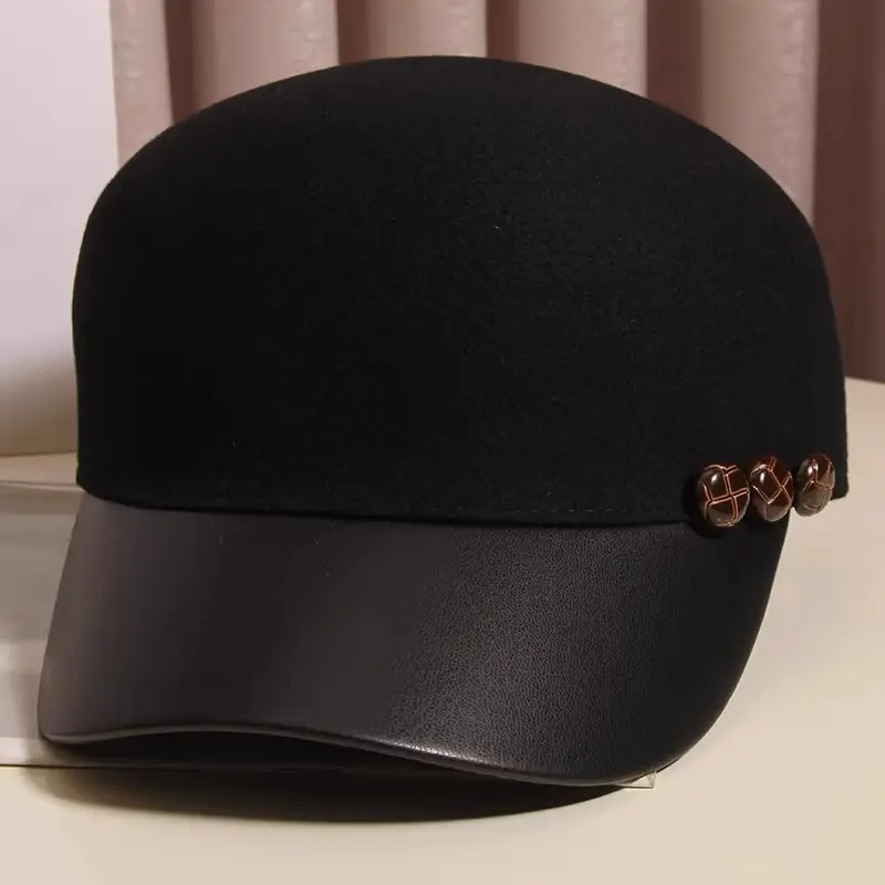 Black Woolen Button Cap for Women Autumn Winter - Image 4