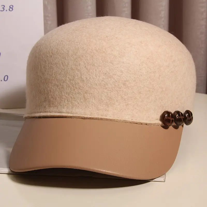 Black Woolen Button Cap for Women Autumn Winter - Image 2