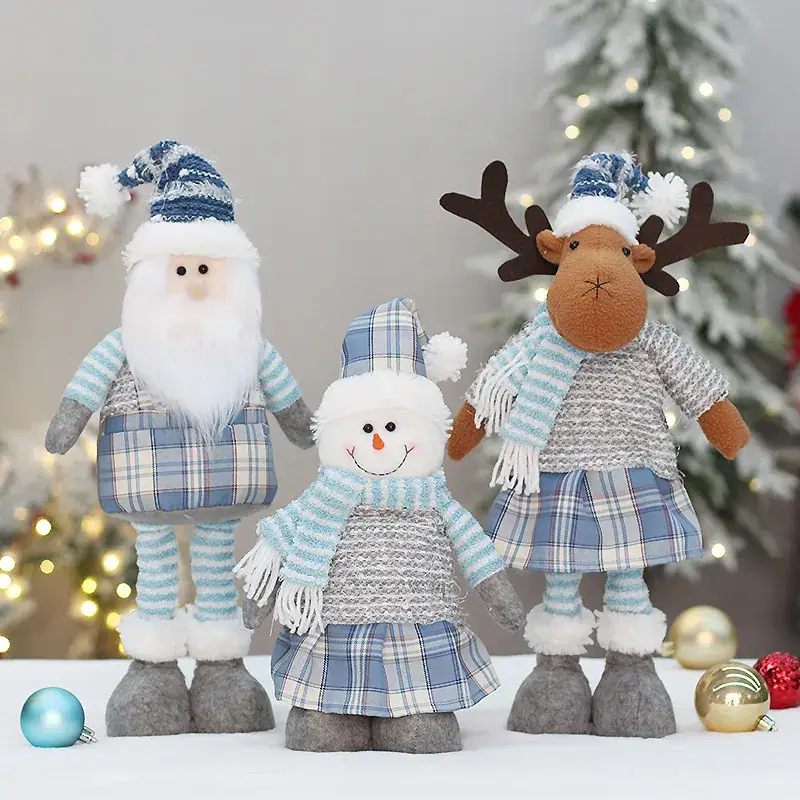 Blue Plaid Snowmen Doll Set for Christmas Decor - Image 5