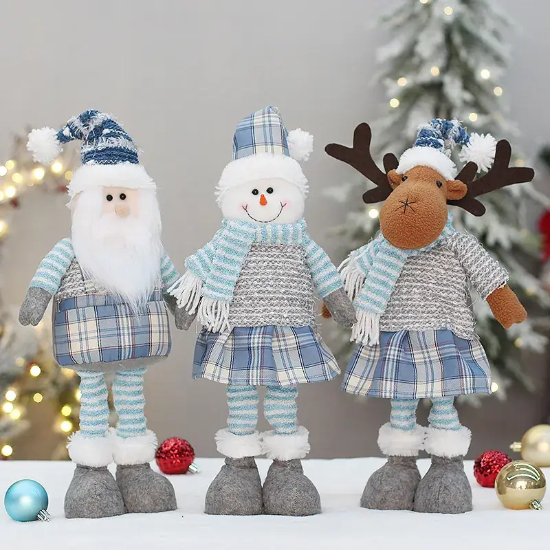 Blue Plaid Snowmen Doll Set for Christmas Decor - Image 6