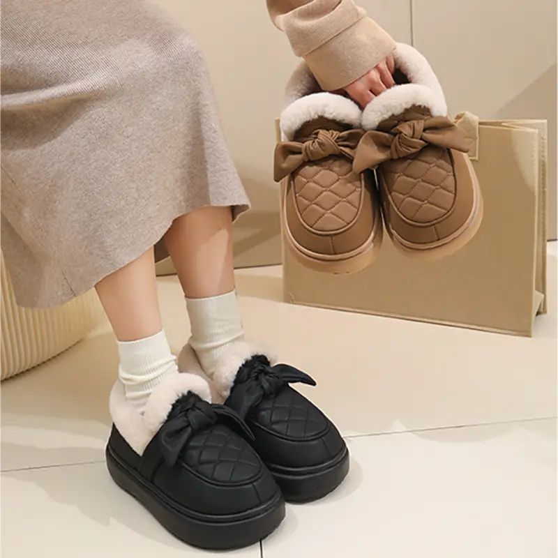 Warm Edge Cotton Slippers Women's Winter Bow Outer Wear fleece-lined Thickened Warm Leather Waterproof Bag with Cotton Shoes - Image 5