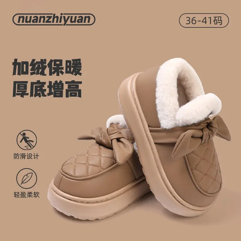 Warm Edge Cotton Slippers Women's Winter Bow Outer Wear fleece-lined Thickened Warm Leather Waterproof Bag with Cotton Shoes - Image 6