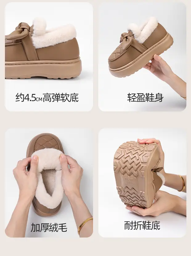 Warm Edge Cotton Slippers Women's Winter Bow Outer Wear fleece-lined Thickened Warm Leather Waterproof Bag with Cotton Shoes — feature 10