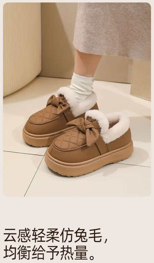 Warm Edge Cotton Slippers Women's Winter Bow Outer Wear fleece-lined Thickened Warm Leather Waterproof Bag with Cotton Shoes — feature 3