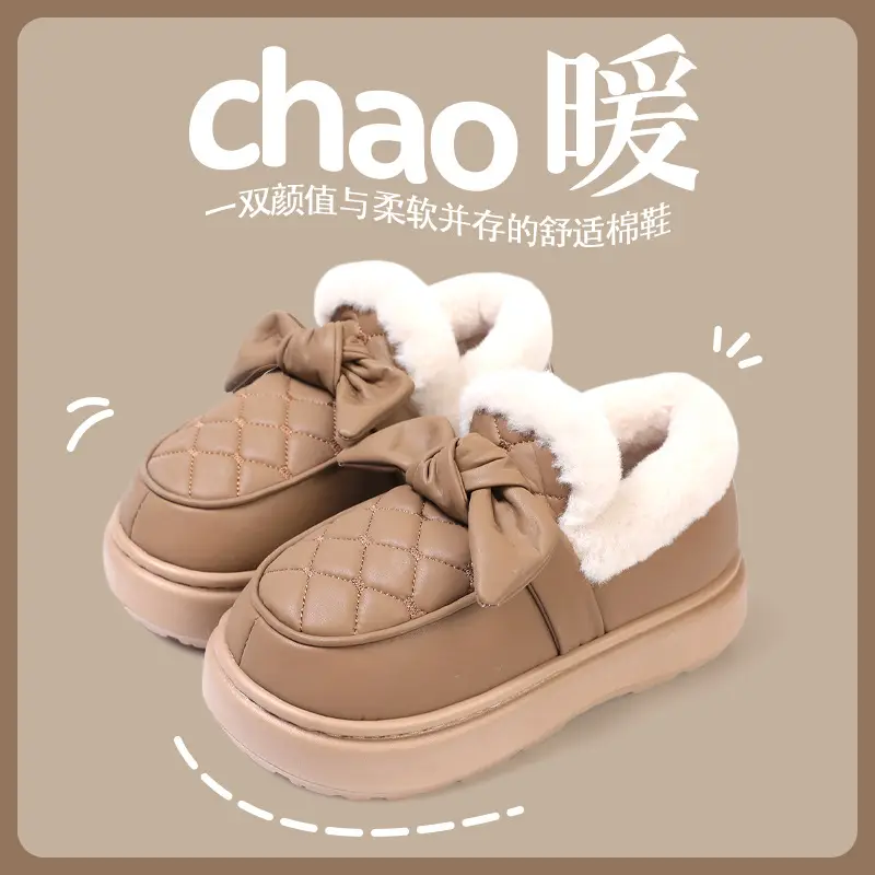 Warm Edge Cotton Slippers Women's Winter Bow Outer Wear fleece-lined Thickened Warm Leather Waterproof Bag with Cotton Shoes - Image 2