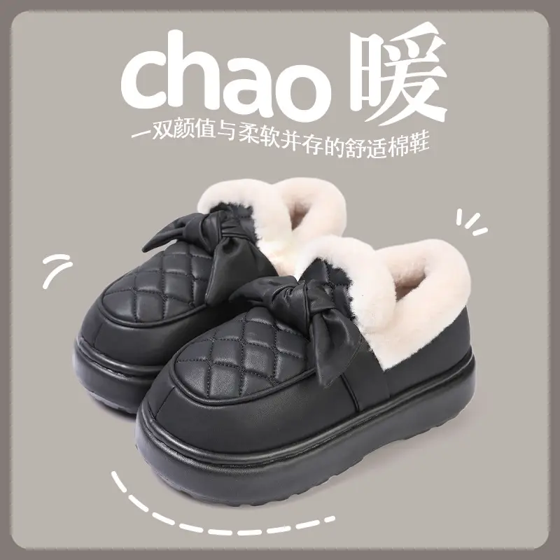Warm Edge Cotton Slippers Women's Winter Bow Outer Wear fleece-lined Thickened Warm Leather Waterproof Bag with Cotton Shoes - Image 3