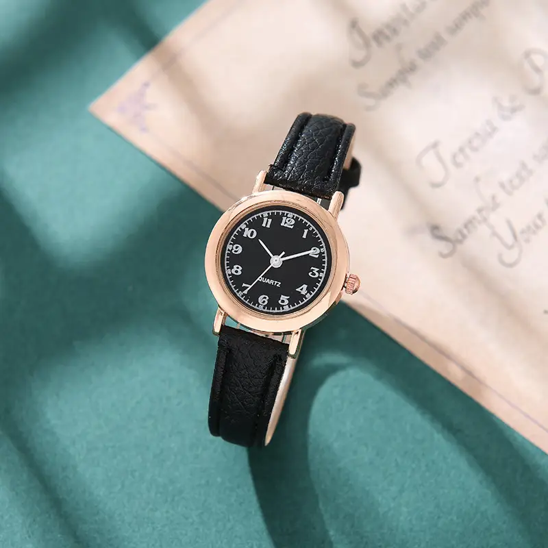 Women's Rose Gold Watch with Black Leather Band - Image 8