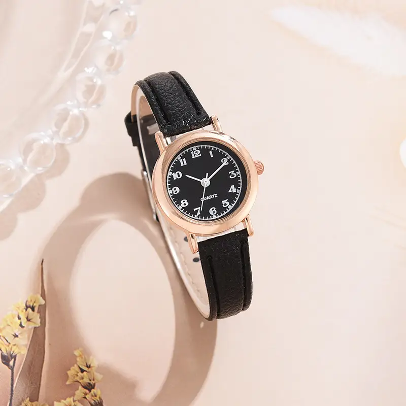 Women's Rose Gold Watch with Black Leather Band — feature 1