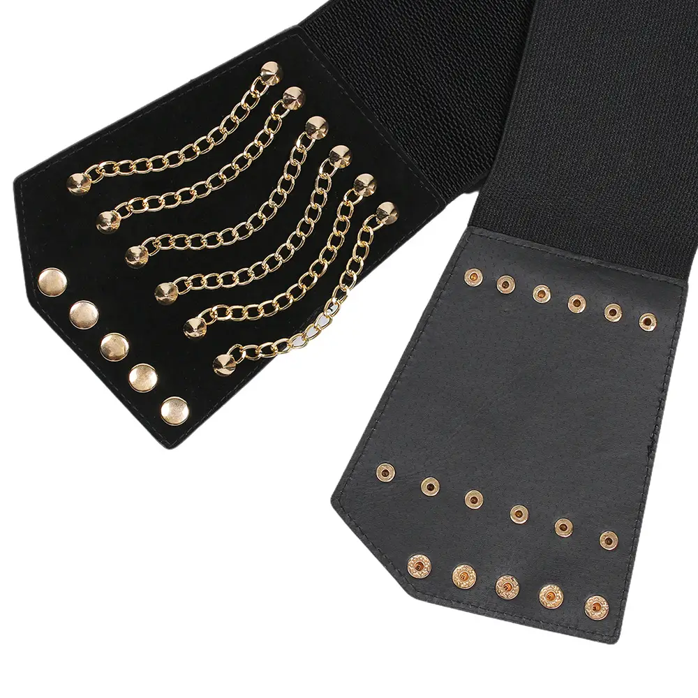 Black Elastic Waist Belt with Gold Chains & Buttons - Image 3