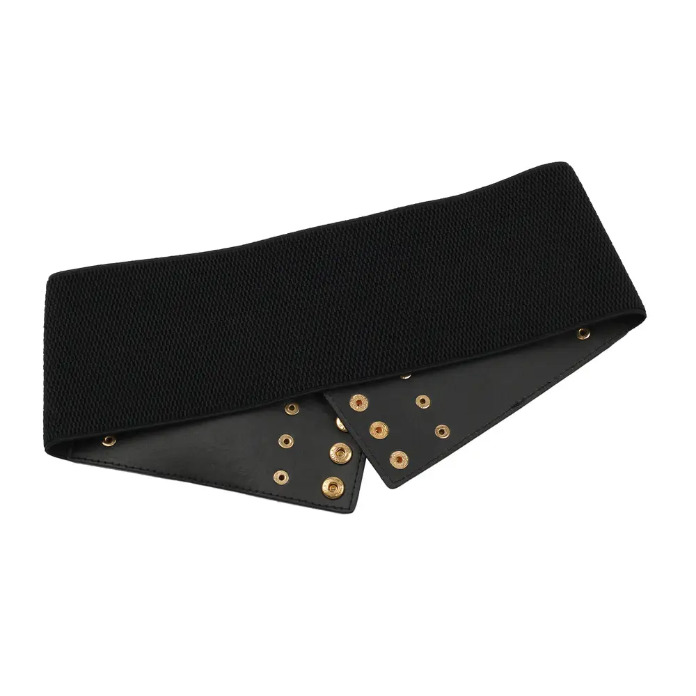 Black Elastic Waist Belt with Gold Chains & Buttons - Image 4