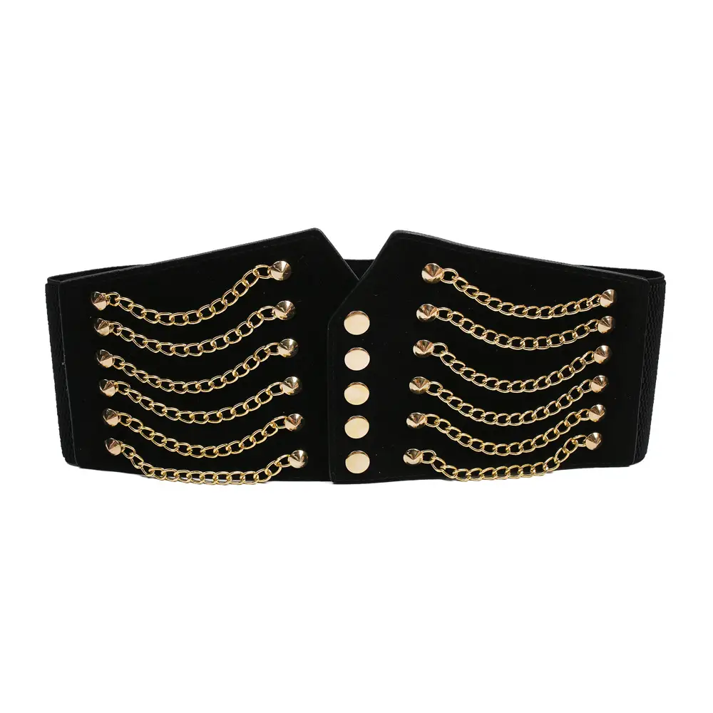 Black Elastic Waist Belt with Gold Chains & Buttons - Image 5