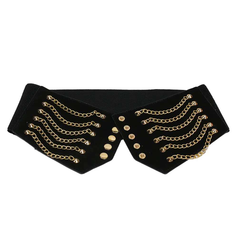 Black Elastic Waist Belt with Gold Chains & Buttons — feature 11