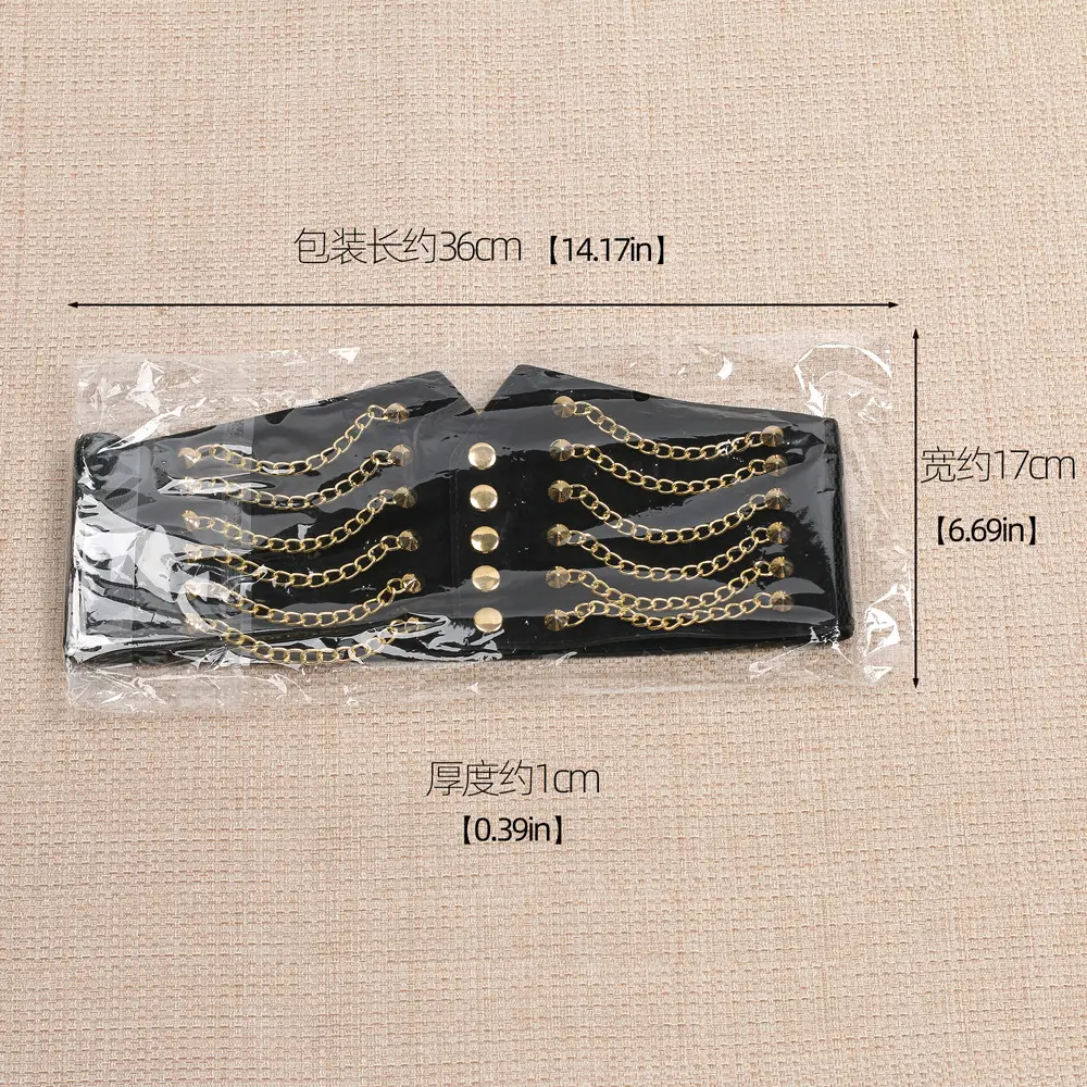 Black Elastic Waist Belt with Gold Chains & Buttons — feature 3
