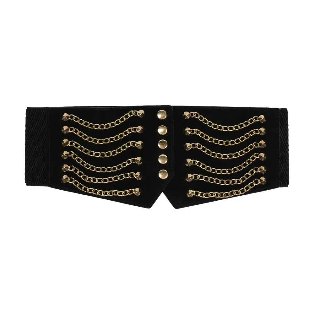 Black Elastic Waist Belt with Gold Chains & Buttons — feature 7