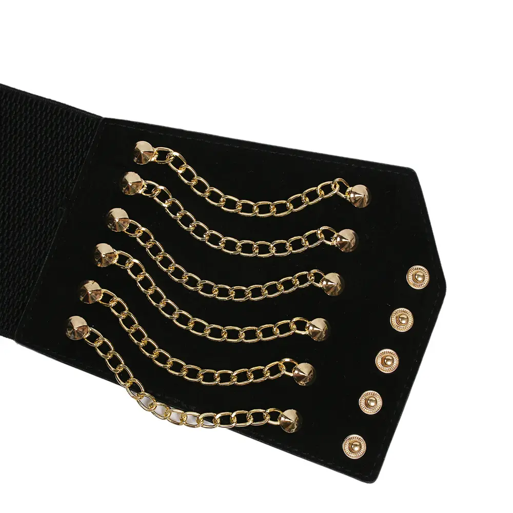 Black Elastic Waist Belt with Gold Chains & Buttons — feature 9