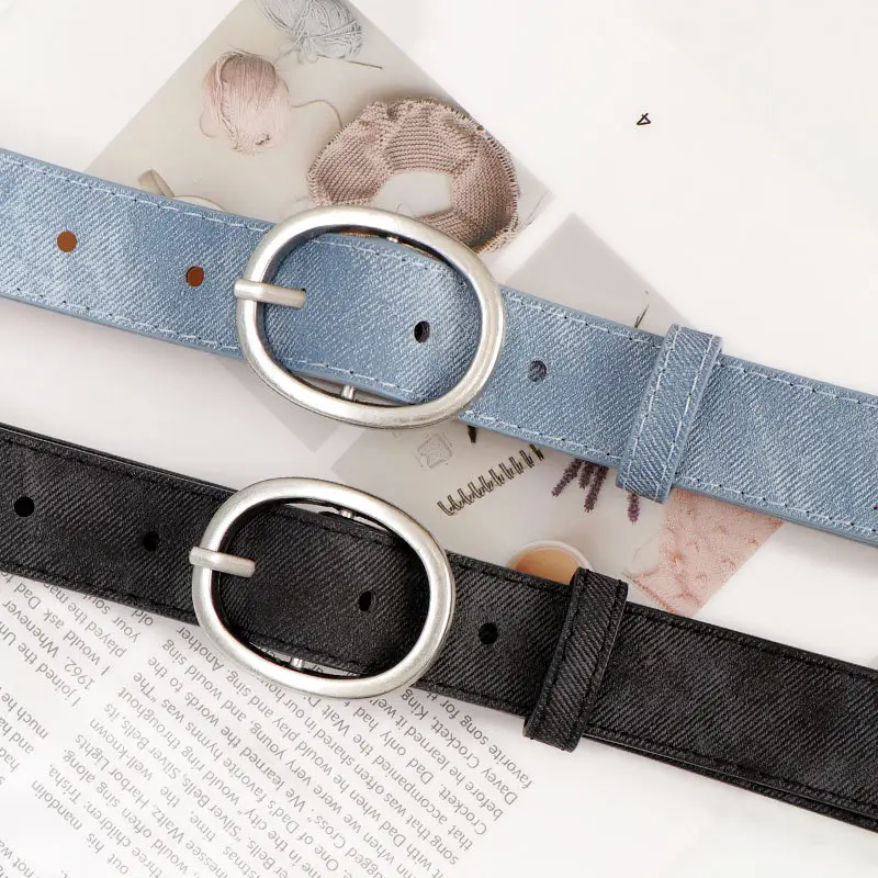 Women's Black Denim Leather Belt with Buckle - Image 8