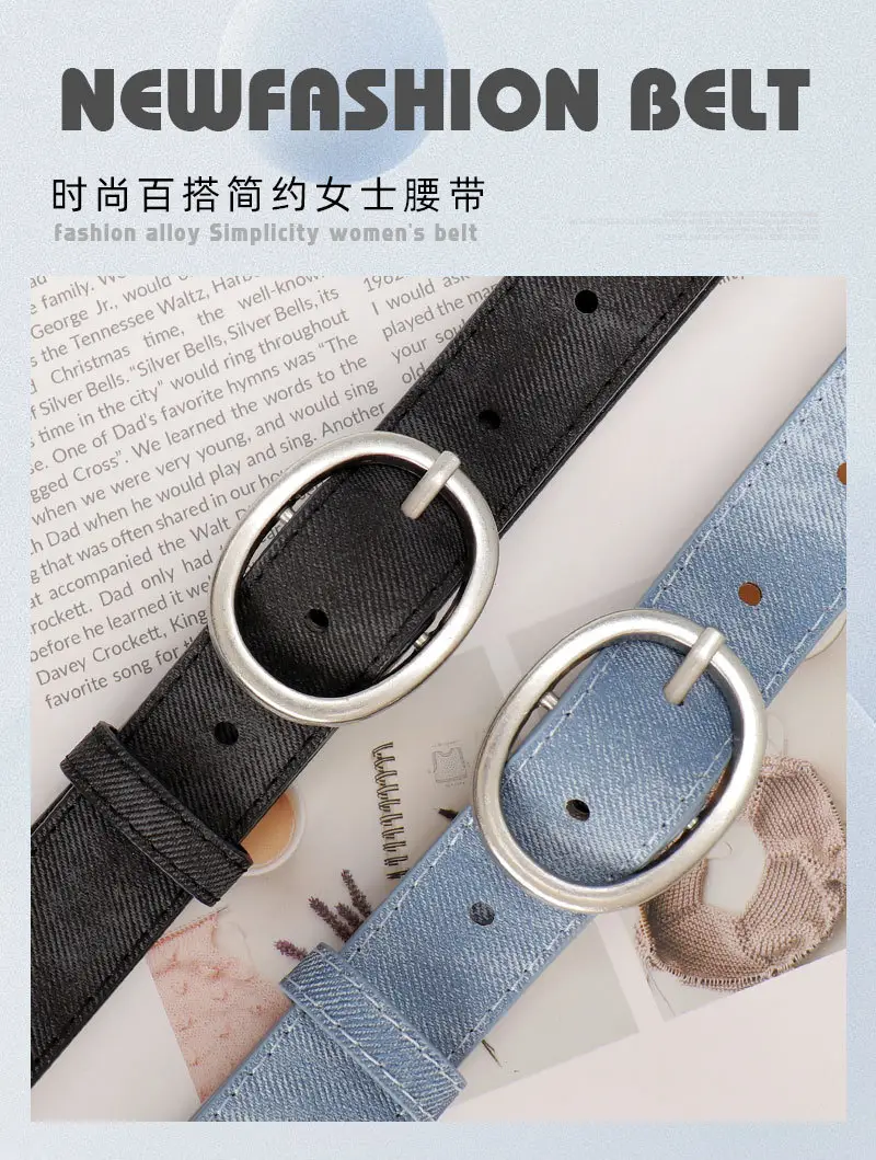 Women's Black Denim Leather Belt with Buckle — feature 3