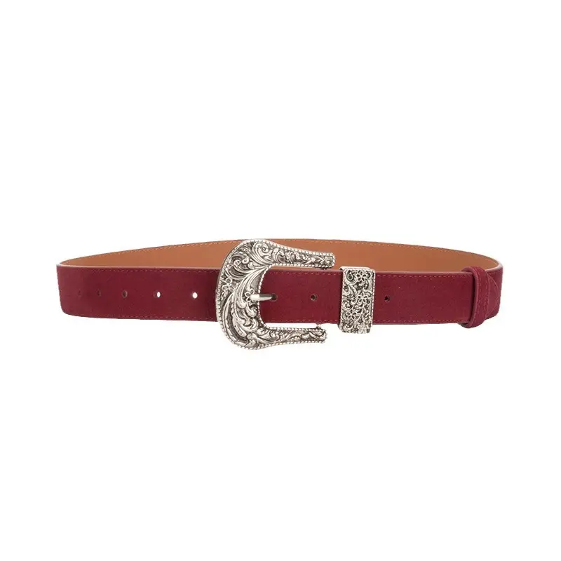 Women's Brown Leather Belt with Carved Silver Buckle - Image 11