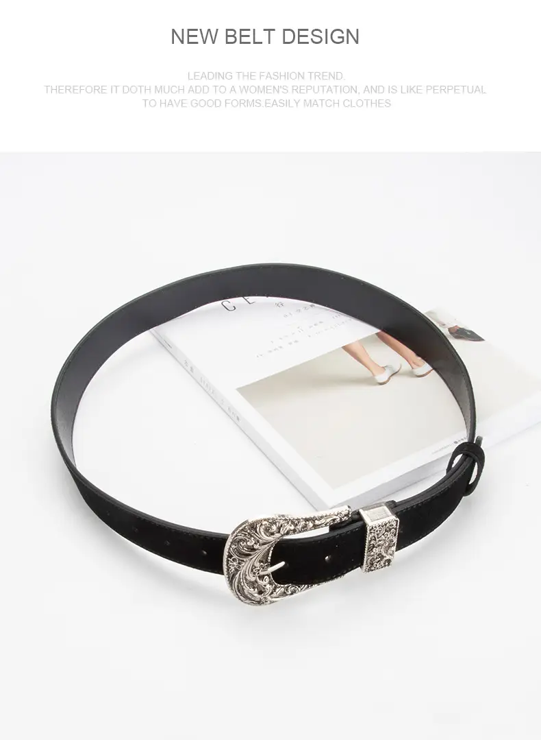 Women's Brown Leather Belt with Carved Silver Buckle — feature 10