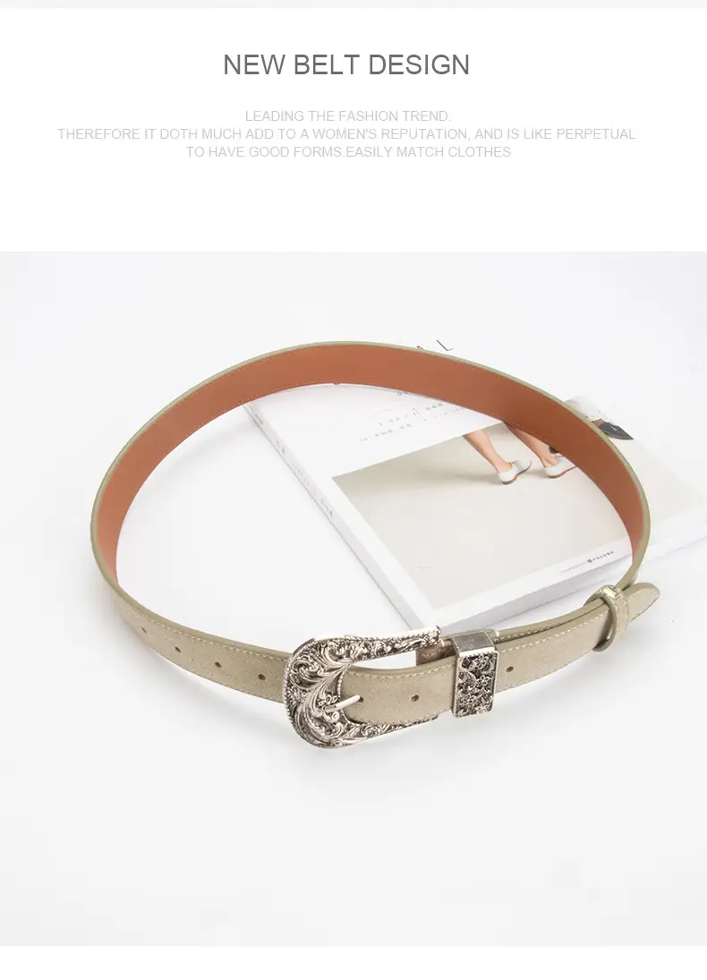 Women's Brown Leather Belt with Carved Silver Buckle — feature 11