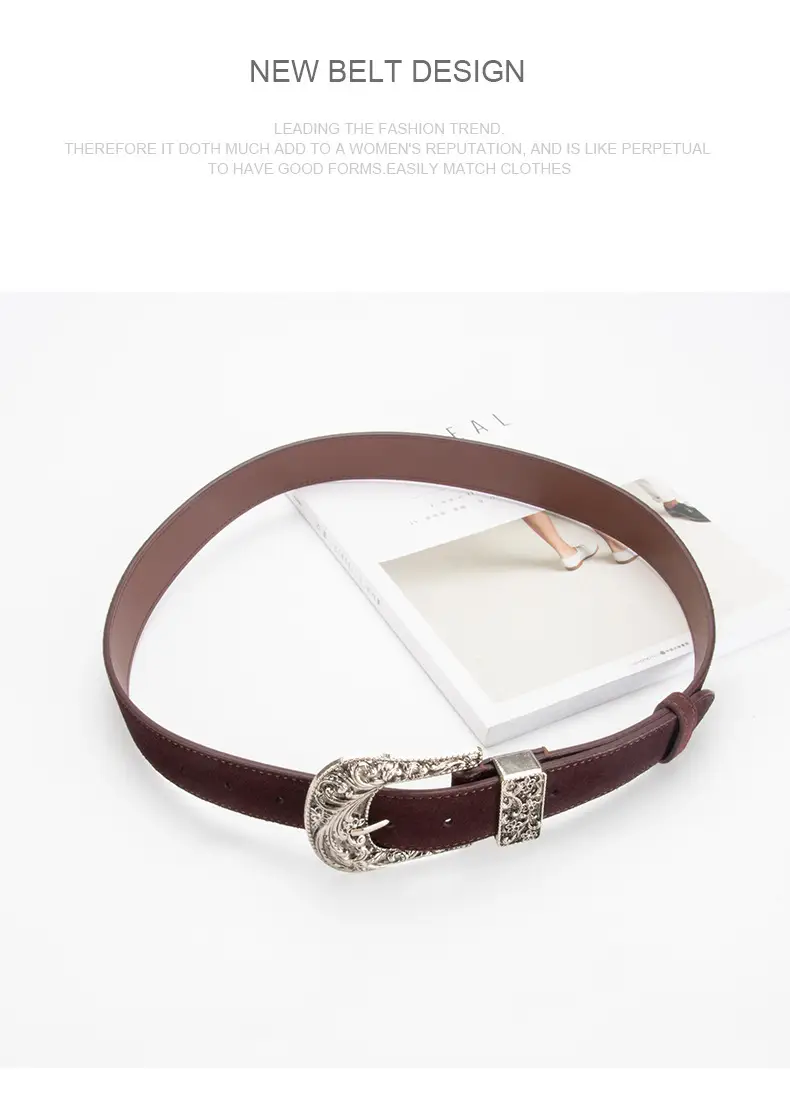 Women's Brown Leather Belt with Carved Silver Buckle — feature 12