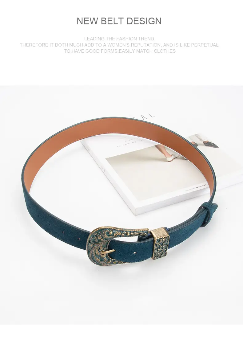 Women's Brown Leather Belt with Carved Silver Buckle — feature 13