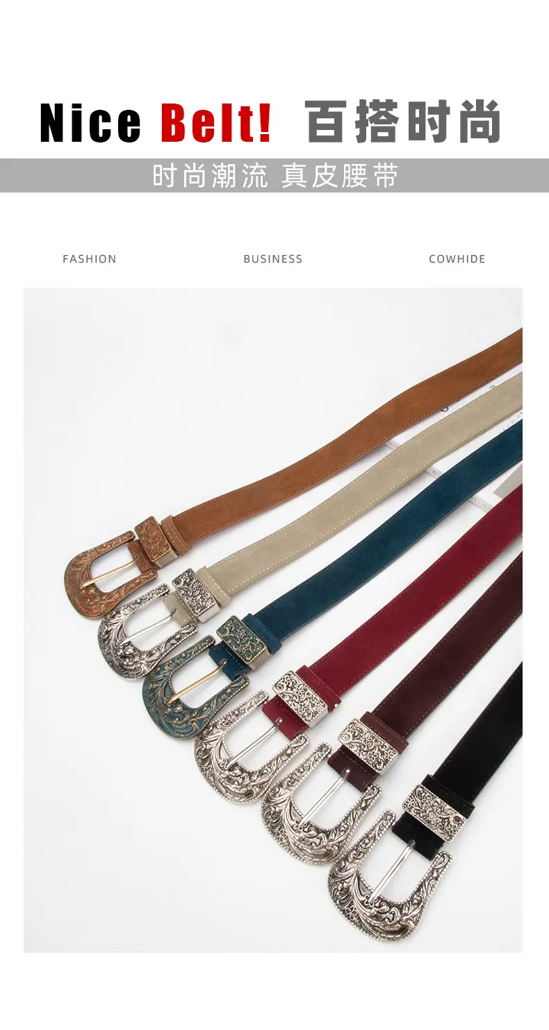 Women's Brown Leather Belt with Carved Silver Buckle — feature 3