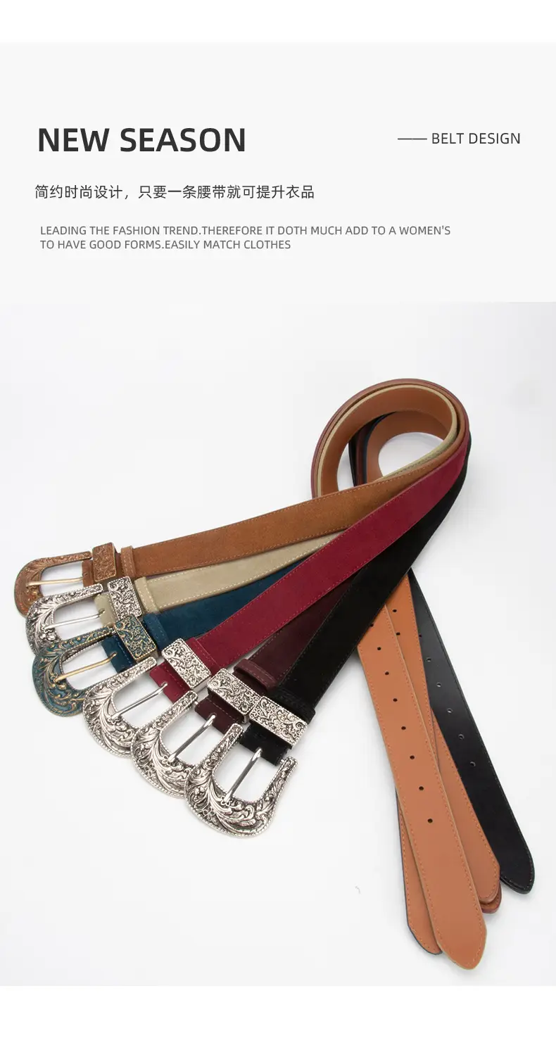 Women's Brown Leather Belt with Carved Silver Buckle — feature 4