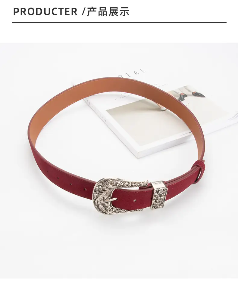 Women's Brown Leather Belt with Carved Silver Buckle — feature 9