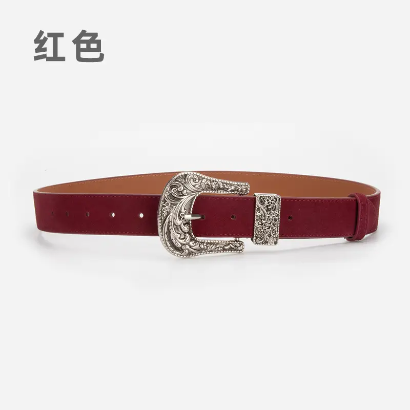 Women's Brown Leather Belt with Carved Silver Buckle - Image 2