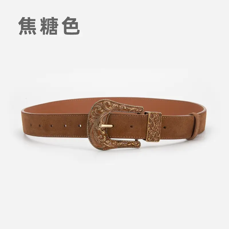 Women's Brown Leather Belt with Carved Silver Buckle - Image 3