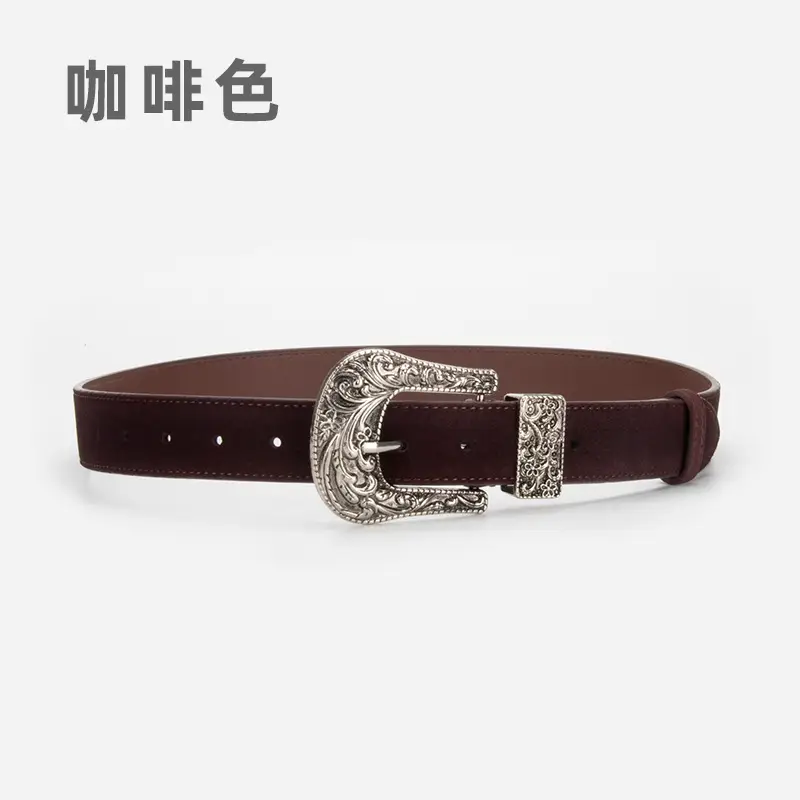 Women's Brown Leather Belt with Carved Silver Buckle - Image 4